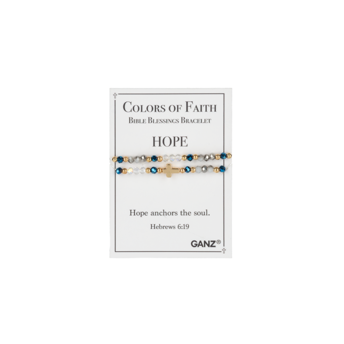 A beaded bracelet featuring a gold cross is presented on a card that reads “Colors of Faith Bible Blessings Bracelet HOPE,” with an inspiring Bible verse and the Flipflops & Whatnots brand name at the bottom, making it a beautiful addition to any faith jewelry collection or selection of Colors of Faith bracelets from the Blessing Bracelets - Assorted line.