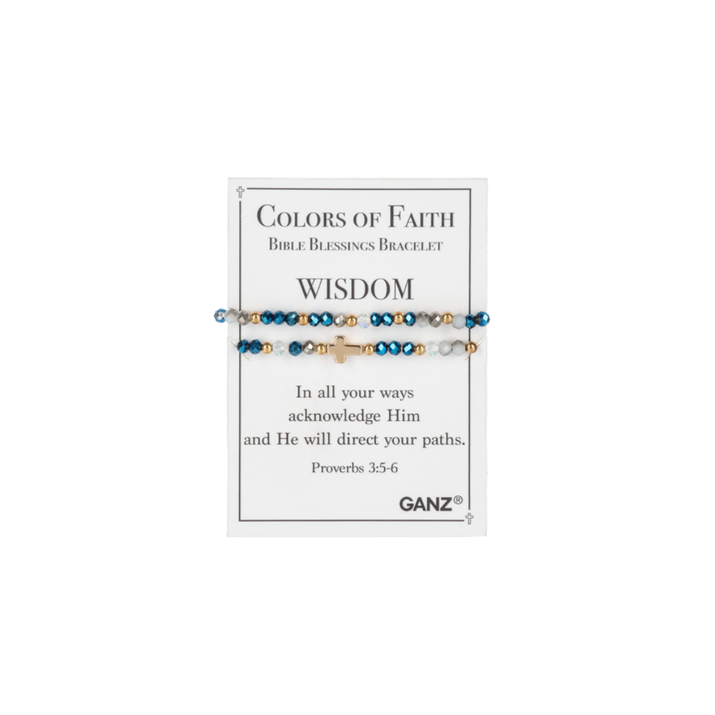 A card titled “Blessing Bracelets - Assorted” from Flipflops & Whatnots, featuring a blue-beaded bracelet with a gold cross and Proverbs 3:5-6, beautifully showcases inspiring spiritual jewelry designed to uplift the spirit.