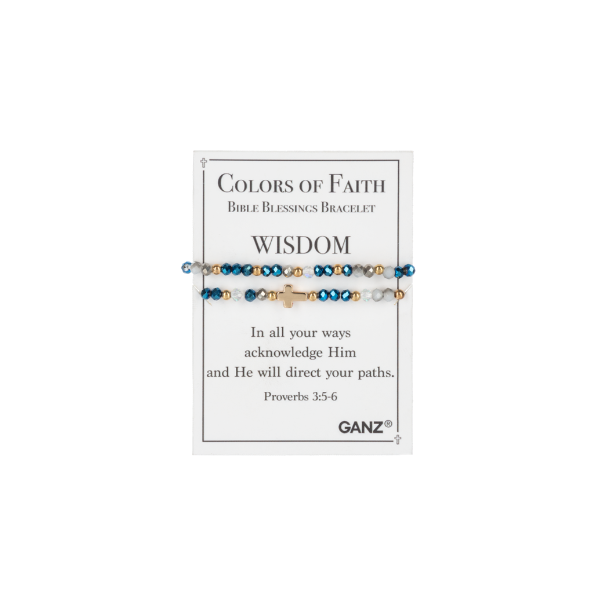 A card titled “Blessing Bracelets - Assorted” from Flipflops & Whatnots, featuring a blue-beaded bracelet with a gold cross and Proverbs 3:5-6, beautifully showcases inspiring spiritual jewelry designed to uplift the spirit.
