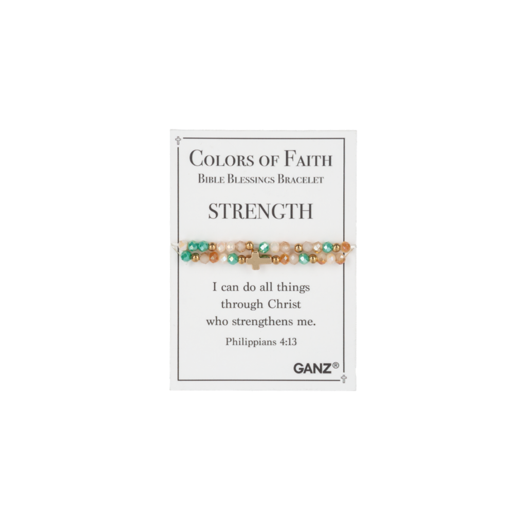 A Blessing Bracelet from Flipflops & Whatnots’ Assorted collection, featuring multicolored beads and displayed on a “Strength” card with Philippians 4:13, is a meaningful piece of spiritual jewelry designed to inspire and uplift as part of the Colors of Faith bracelets line.