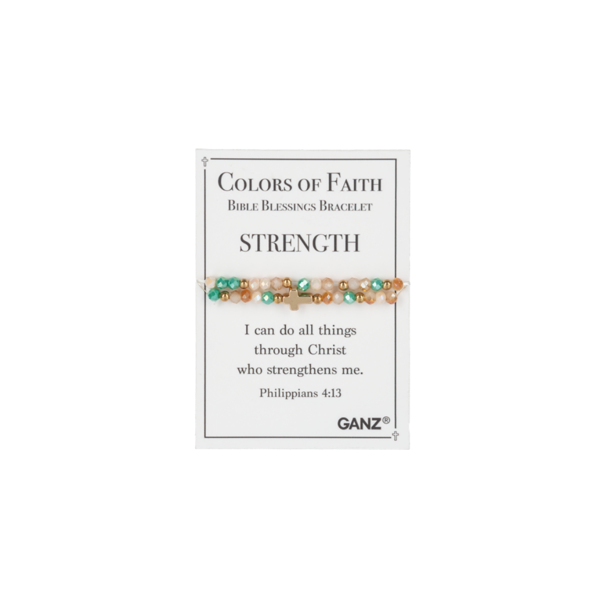 A Blessing Bracelet from Flipflops & Whatnots’ Assorted collection, featuring multicolored beads and displayed on a “Strength” card with Philippians 4:13, is a meaningful piece of spiritual jewelry designed to inspire and uplift as part of the Colors of Faith bracelets line.