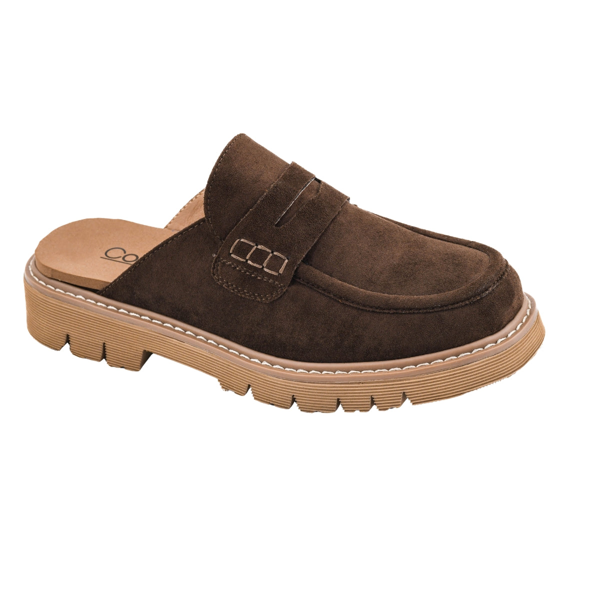 Women's Corky's Get Lucky chocolate brown closed-toe mule with decorative strap, contrast stitching and open back Main image