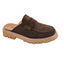 Women's Corky's Get Lucky chocolate brown closed-toe mule with decorative strap, contrast stitching and open back