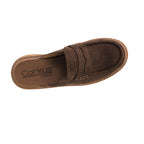 The CORKY’S FOOTWEAR Get Lucky Backless Mule - Clog, crafted in brown suede with visible stitching and branded “CORKY’S FOOTWEAR” on the insole, is shown from above against a white background.