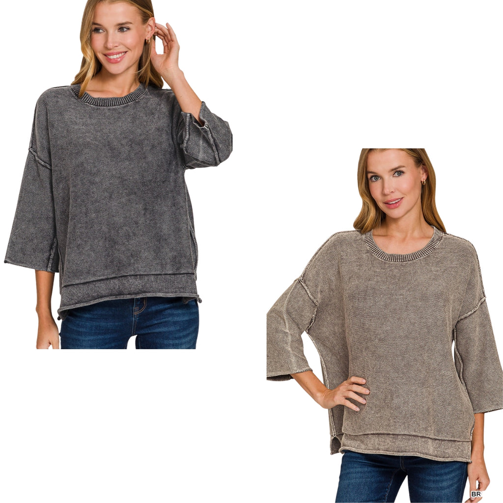 A model wears the Women’s Washed Cotton Boxy Sweater with 3/4 Sleeves in charcoal gray and taupe, featuring a boxy fit, three-quarter sleeves, and exposed seams.