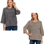 A model wears the Women’s Washed Cotton Boxy Sweater with 3/4 Sleeves in charcoal gray and taupe, featuring a boxy fit, three-quarter sleeves, and exposed seams.