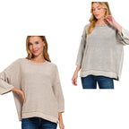 Two women wearing tan and grey Women’s Washed Cotton Boxy Sweater with 3/4 Sleeves featuring boxy fits, crew necks, and visible seam detailing.
