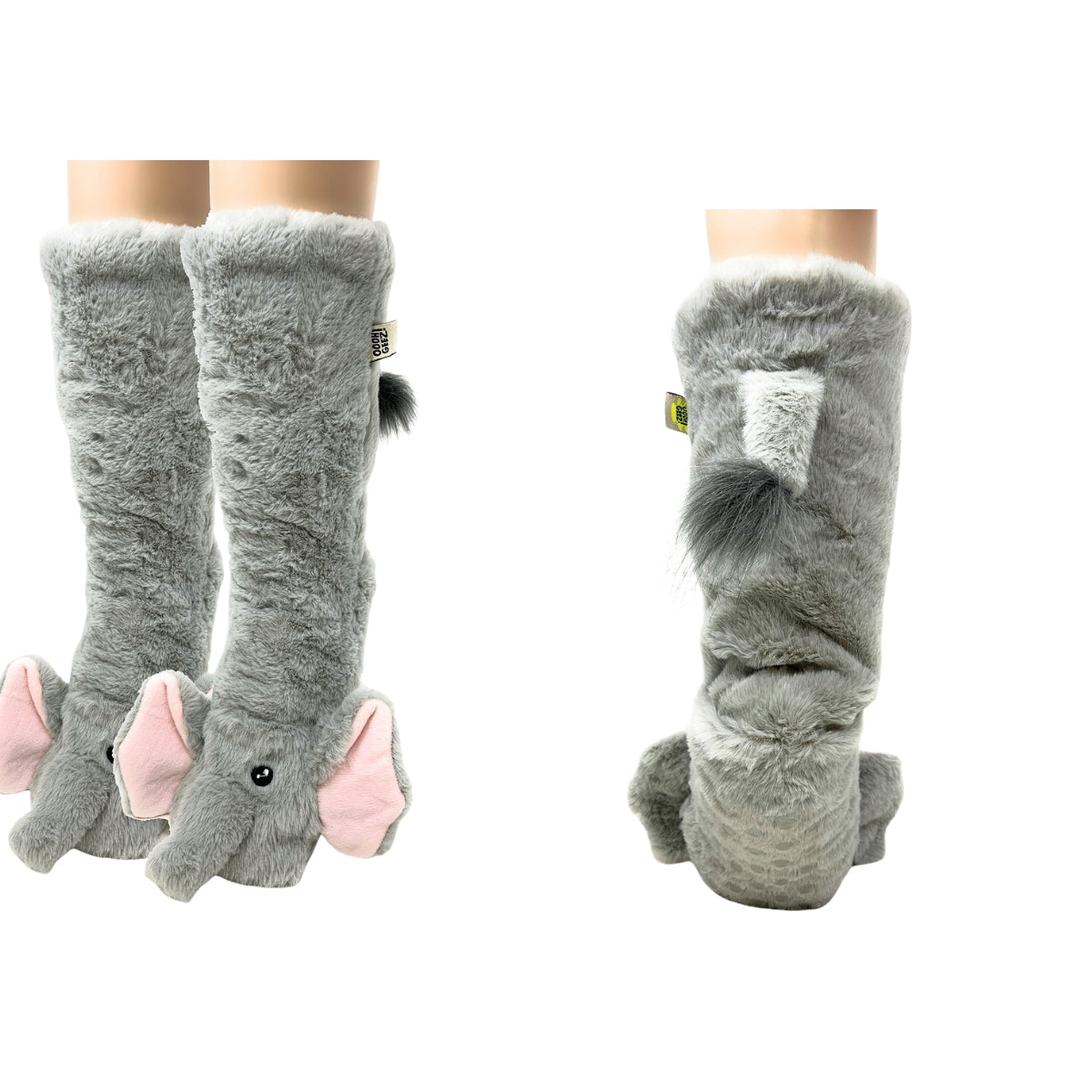 FASHION GO Elephant Cozy Slipper Socks are gray, furry knee-high slippers styled like elephants, complete with pink ears, black eyes, and little tails. Designed for women’s shoe sizes 5 to 10, these socks feature non-skid soles for extra safety. Displayed from the side and back on mannequin legs against a white background.