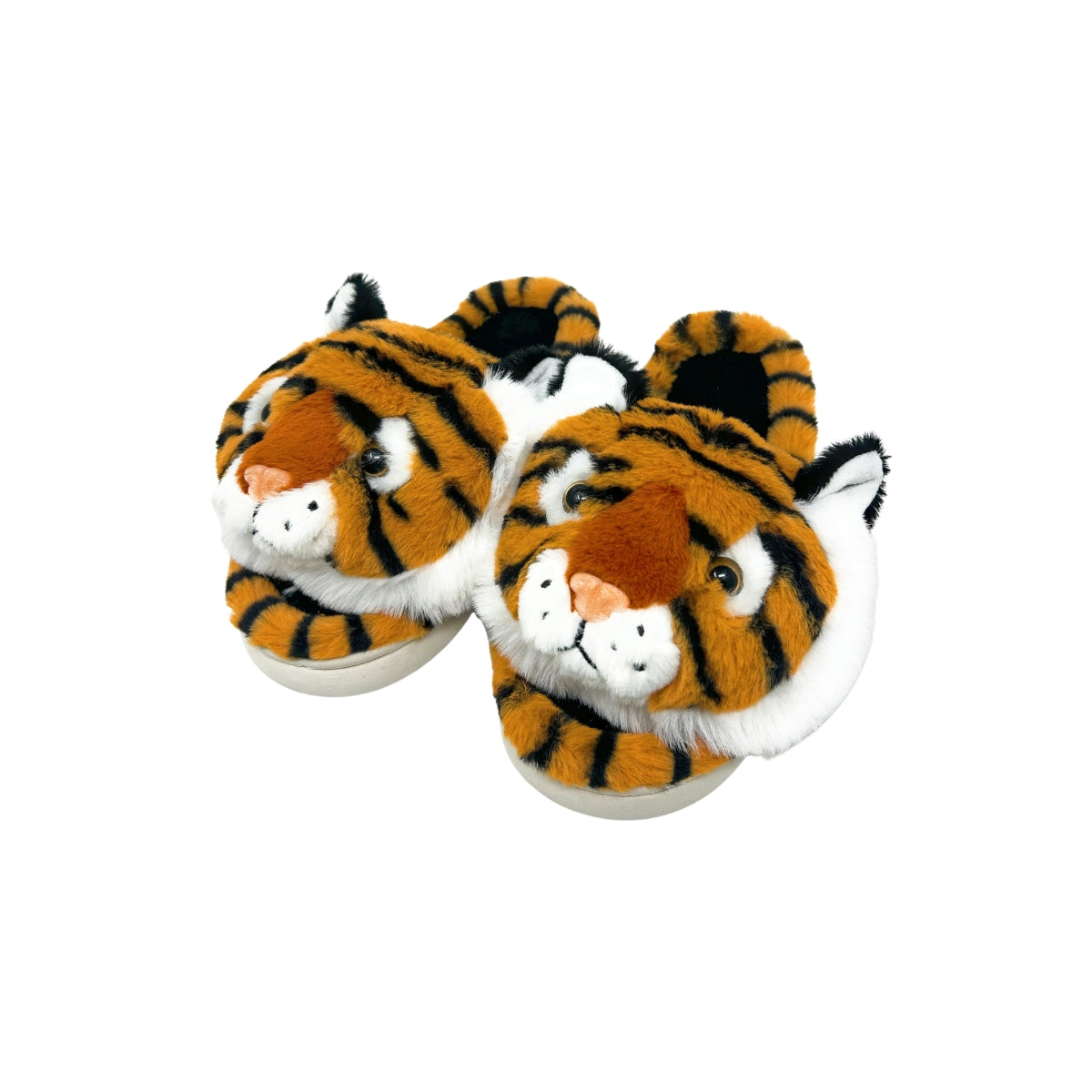 Slip into comfort with the FASHION GO Tiger Fuzzy Slippers—plush, non-skid slippers crafted to resemble tiger heads, featuring classic orange and black stripes, white details, and cute little ears. These cozy slippers are perfect for lounging and are available in women’s shoe sizes. Main image