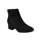 The On the Down Low Boot from CORKY’S FOOTWEAR is a black suede ankle boot featuring a low block heel and convenient side zipper, showcased against a white background for an effortlessly stylish look.