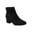 The On the Down Low Boot from CORKY’S FOOTWEAR is a black suede ankle boot featuring a low block heel and convenient side zipper, showcased against a white background for an effortlessly stylish look.