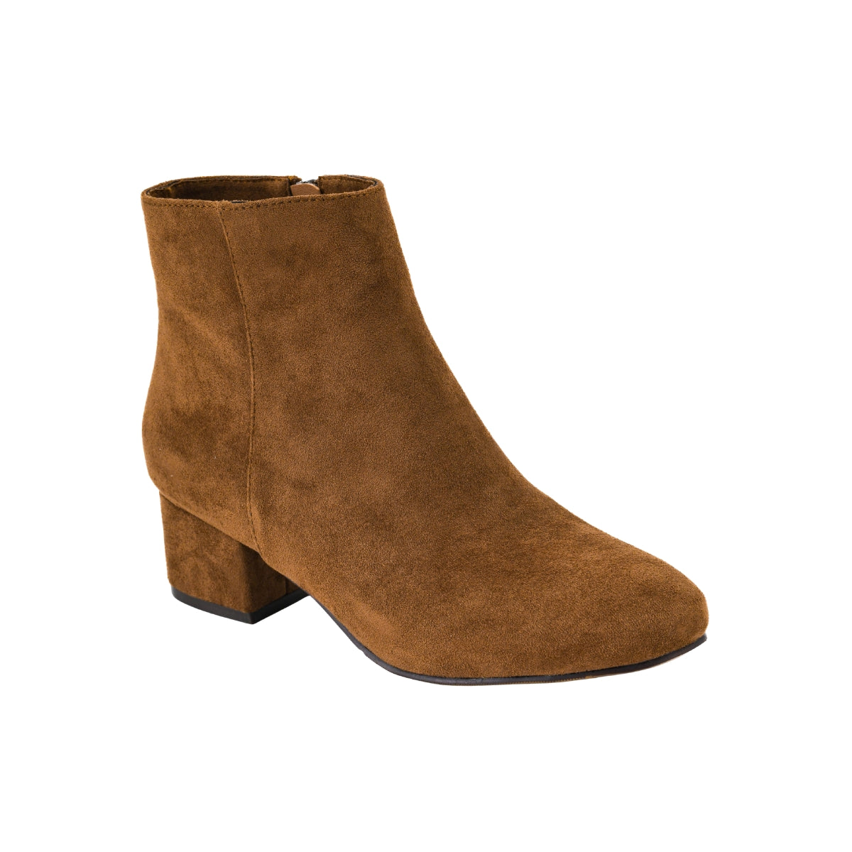 The On the Down Low Boot by CORKY’S FOOTWEAR is a brown suede ankle boot with a chunky low heel and an inside zipper, shown here on a white background.