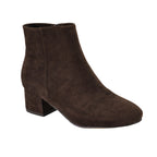 The On the Down Low Boot by CORKY’S FOOTWEAR is a brown suede ankle boot with a low block heel and side zipper, shown against a white background.