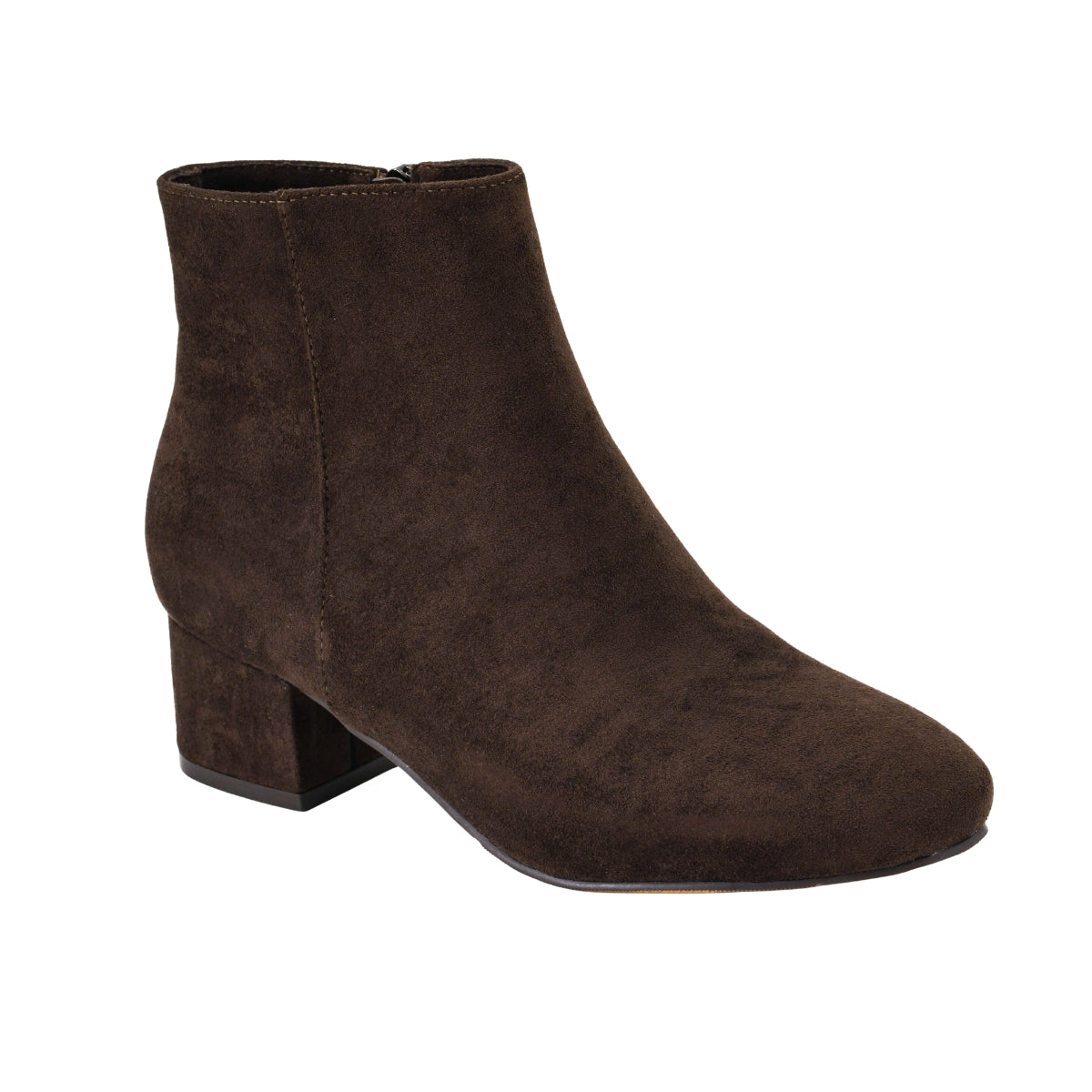The On the Down Low Boot by CORKY’S FOOTWEAR is a brown suede ankle boot with a low block heel and side zipper, shown against a white background.