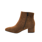 The On the Down Low Boot by CORKY’S FOOTWEAR is a brown suede ankle boot featuring a side zipper and a low block heel, displayed in profile against a white background.