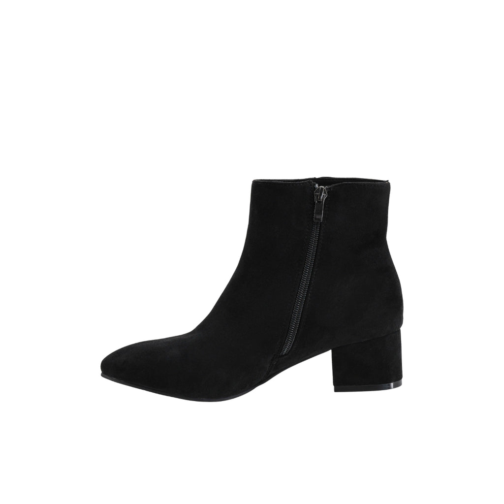 The On the Down Low Boot by CORKY’S FOOTWEAR is a black suede ankle boot featuring a side zipper and a low block heel, shown against a plain white background.