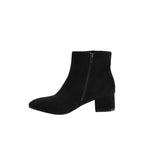 The On the Down Low Boot by CORKY’S FOOTWEAR is a black suede ankle boot featuring a side zipper and a low block heel, shown against a plain white background.
