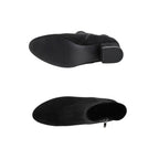 The On the Down Low Boot by CORKY’S FOOTWEAR, crafted in black suede, is displayed from both bottom and top views; it features a side zipper and a low block heel for a comfortable, casual style, all set against a white background.