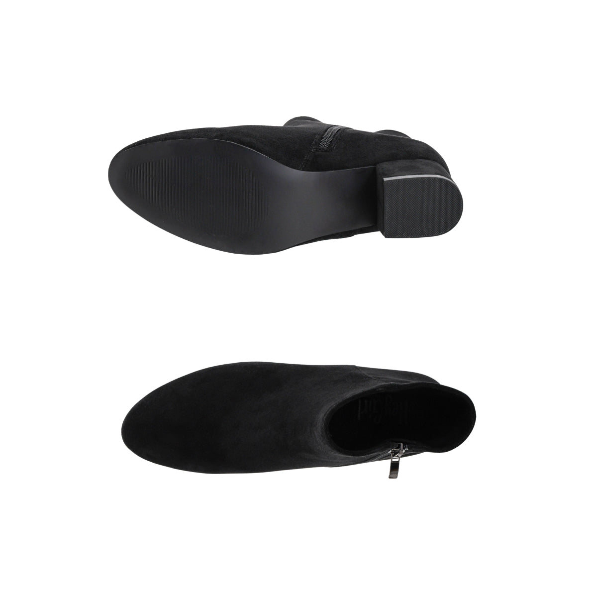 The On the Down Low Boot by CORKY’S FOOTWEAR, crafted in black suede, is displayed from both bottom and top views; it features a side zipper and a low block heel for a comfortable, casual style, all set against a white background.