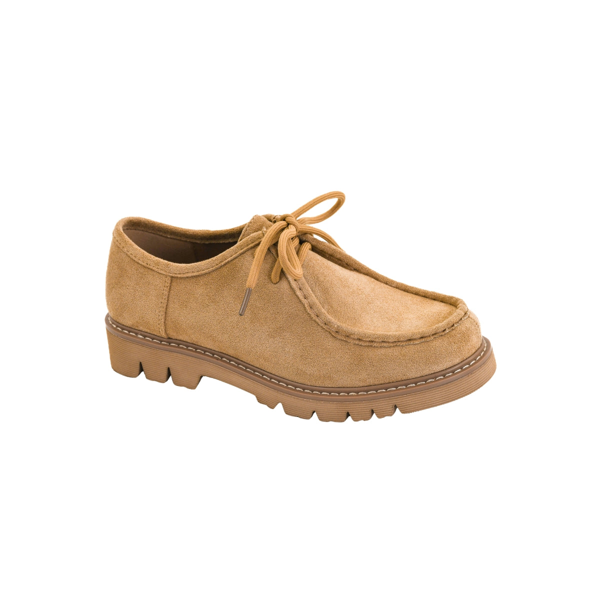 CORKY’S FOOTWEAR Fall for It Lug Sole Shoe in tan features a suede-look finish, lace-up design, round toe, chunky lug sole, and moccasin-style stitching—a modern take on the classic moc-toe loafer, shown against a white background. Main image