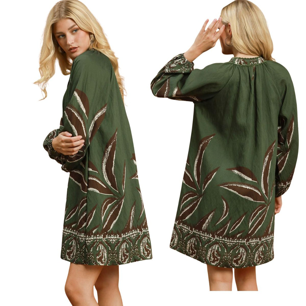 Women's abstract botanical print shift dress with split neckline, long balloon sleeves, lace trim and side pockets