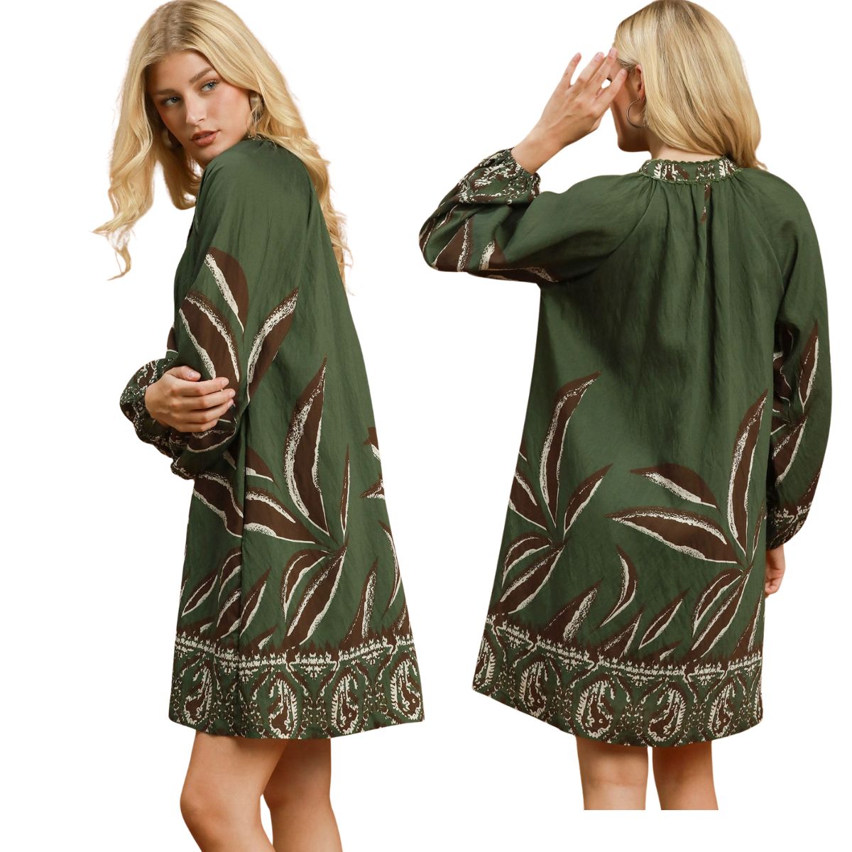 Women's abstract botanical print shift dress with split neckline, long balloon sleeves, lace trim and side pockets