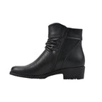 The Durbon Ankle Bootie by White Mountain is a black, comfortable bootie featuring a low block heel, side zipper, and ruched detailing on the upper part, displayed against a plain white background.