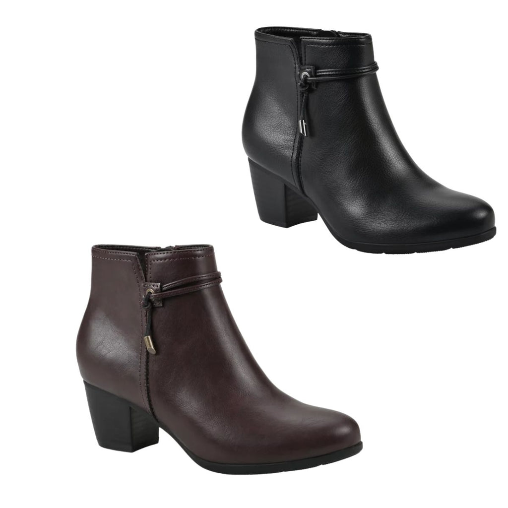 Two pairs of Cliffs Angelo Block Heel Ankle Booties, one in black and one in dark brown, each featuring a side zipper and a decorative ankle strap, are displayed on a white background.