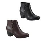 Two pairs of Cliffs Angelo Block Heel Ankle Booties, one in black and one in dark brown, each featuring a side zipper and a decorative ankle strap, are displayed on a white background.