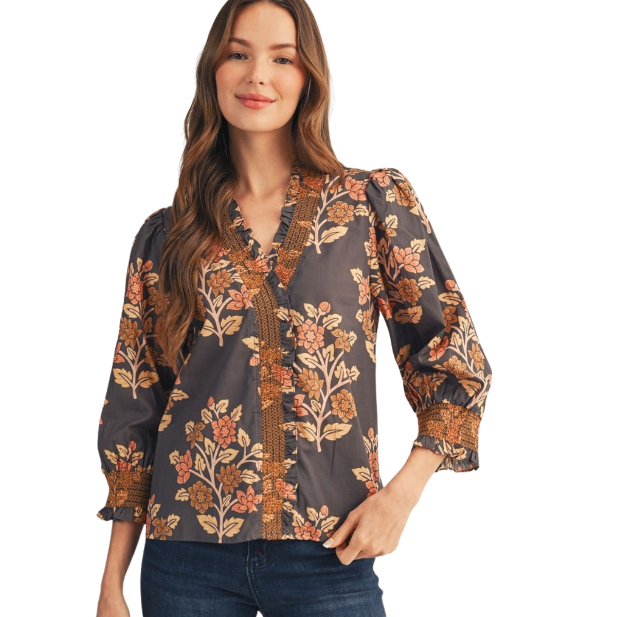 Women's fall floral top with embroidered smocking, ruffle split V-neckline and three-quarter puff sleeves