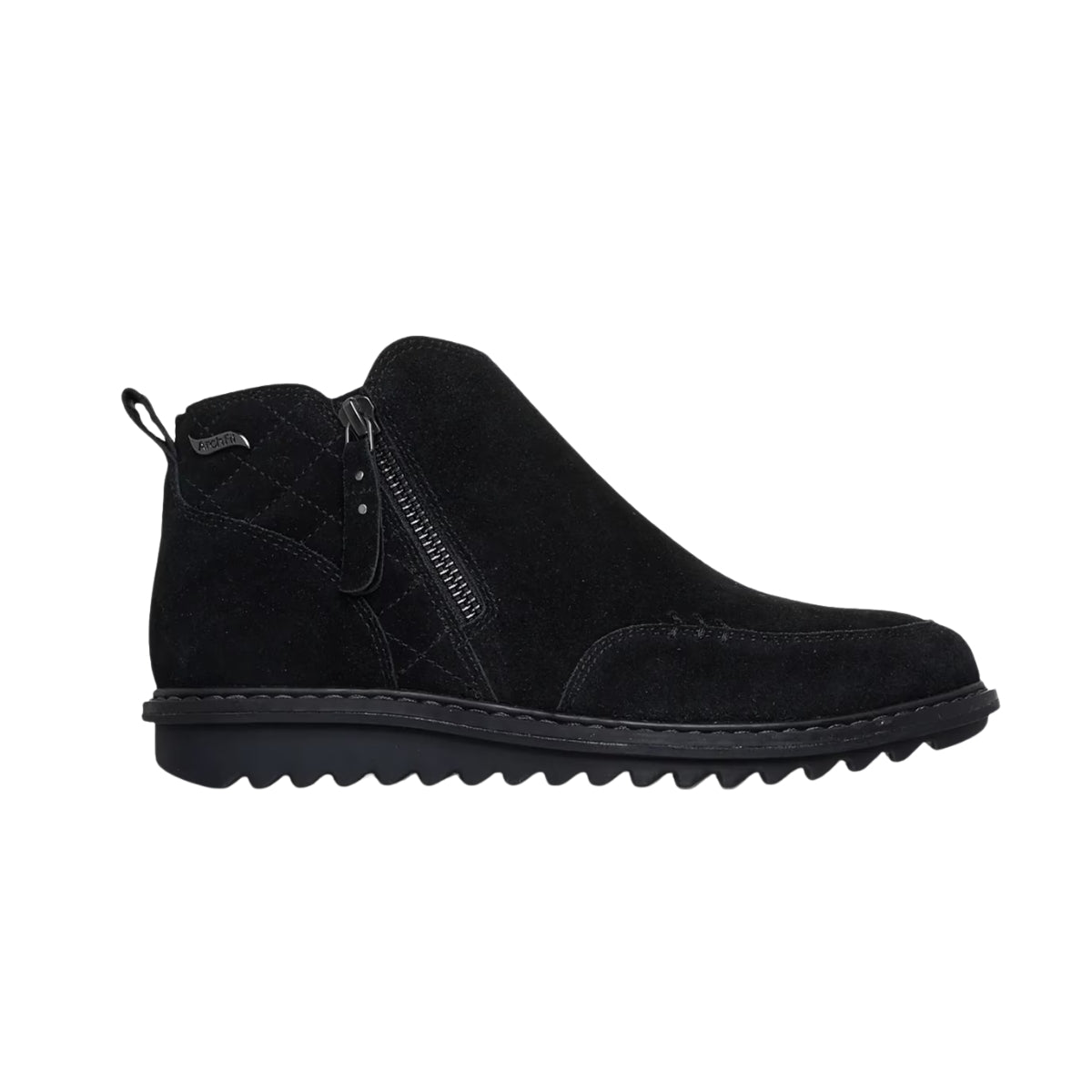 Skechers Arch Fit Mojave Boundless Bliss women's black suede ankle bootie with quilted detail, side zipper and Arch Fit support