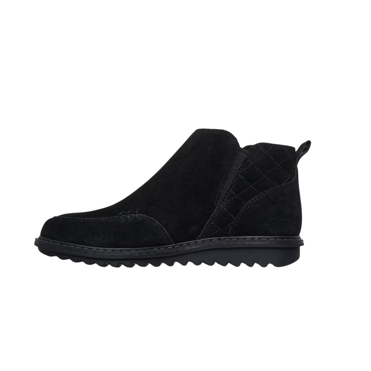 The SKECHERS Arch Fit Mojave Boundless Bliss Bootie features black suede with a side quilted pattern, a convenient pull tab at the back, and a ridged rubber sole. Designed for enhanced comfort with arch support, this bootie is showcased on a white background.