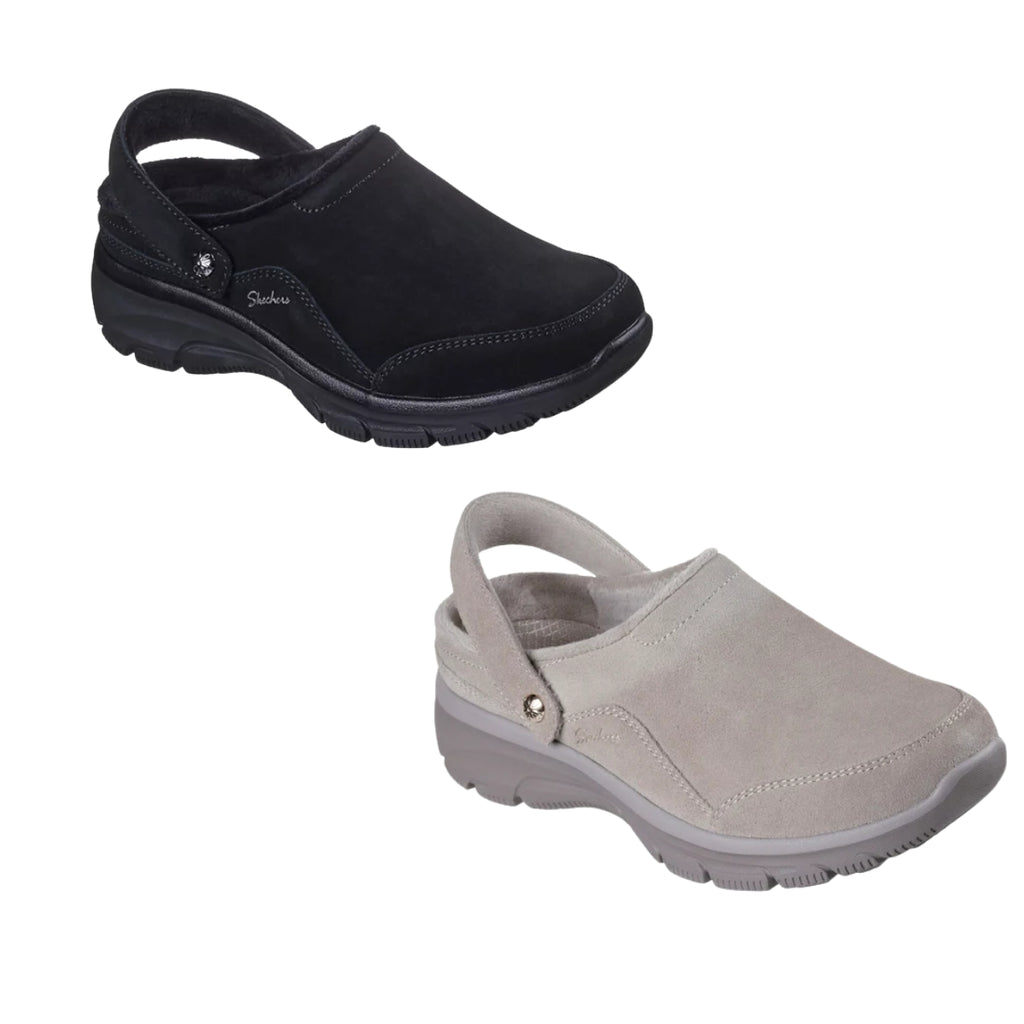 Skechers Easy Going Distinctive Charm 169120 women's suede comfort clog with convertible heel strap and Air-Cooled Memory Foam