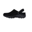 The SKECHERS Easy Going Distinctive Charm is a black suede slip-on clog with a thick, textured sole and an adjustable back strap, shown in side profile against a white background. This Relaxed Fit design features an Air-Cooled Memory Foam insole for all-day comfort.