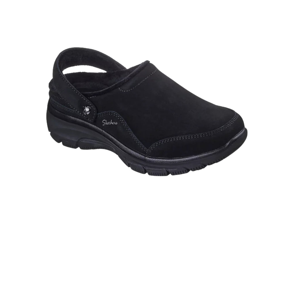 The SKECHERS Easy Going Distinctive Charm is a single black suede clog with a back strap and rubber sole, featuring a Relaxed Fit design and cushioned memory foam footbed, displayed on a plain white background.