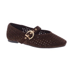 Top Guy Perforated Upper Ballet Flat Mary Jane features brown suede, leaf cut-outs, a gold buckle, and a single strap across the pointed toe.