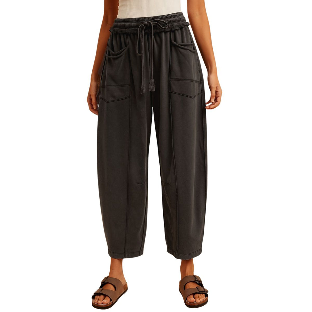 FASHION GO Mineral Wash Barrel Fit Utility Knit Pants in dark gray featuring a high-waisted drawstring design, large patch pockets, and vertical seams.