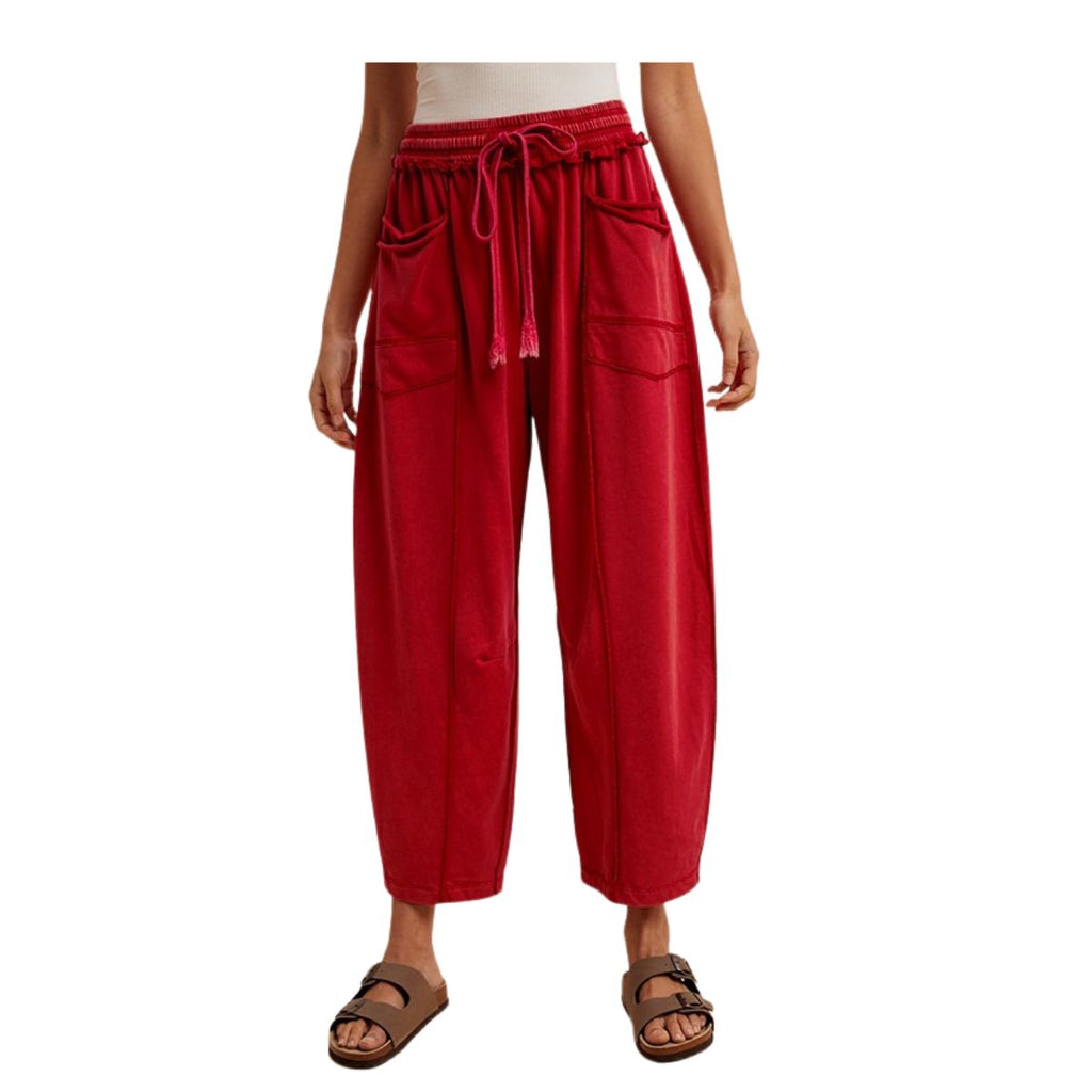 Mineral Wash Barrel Fit Utility Knit Pants in red mineral wash French terry with a barrel leg, elastic drawstring waist, front patch pockets, and cropped hems.