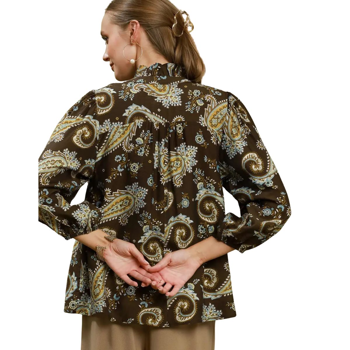 Back view of an Umgee Paisley Print Puff Sleeve blouse featuring a boho paisley print, high ruffled collar, long sleeves with gathered cuffs, and a brown multi-colored pattern.