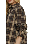 Plaid Tie Sleeve Button Up Blouse in brown and tan with ruched sleeves that tie at the elbow.