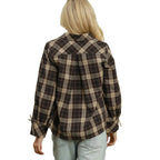 Back view of the Flipflops & Whatnots Plaid Tie Sleeve Button Up Blouse in brown and tan plaid with tie details at the cuffs.