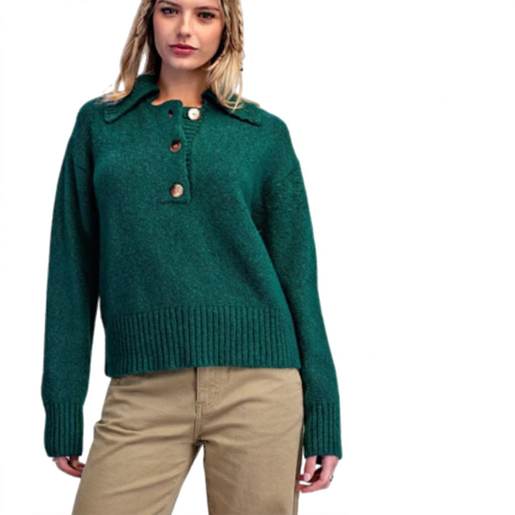 A person wears an eesome Collared Sweater in forest green, featuring a button-front design and long sleeves.