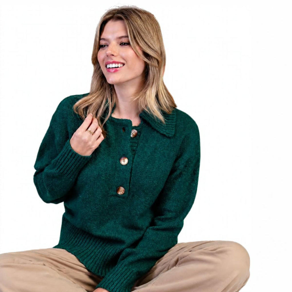 A woman wearing an eesome Collared Sweater in dark green, featuring a button-front, collar, and long sleeves.