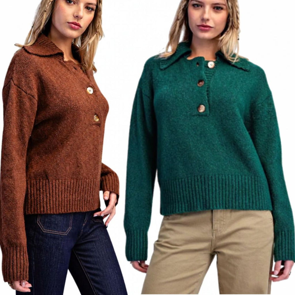 Two women modeling eesome Collared Sweaters in brown and dark green, featuring long sleeves, collars, and three-button plackets.