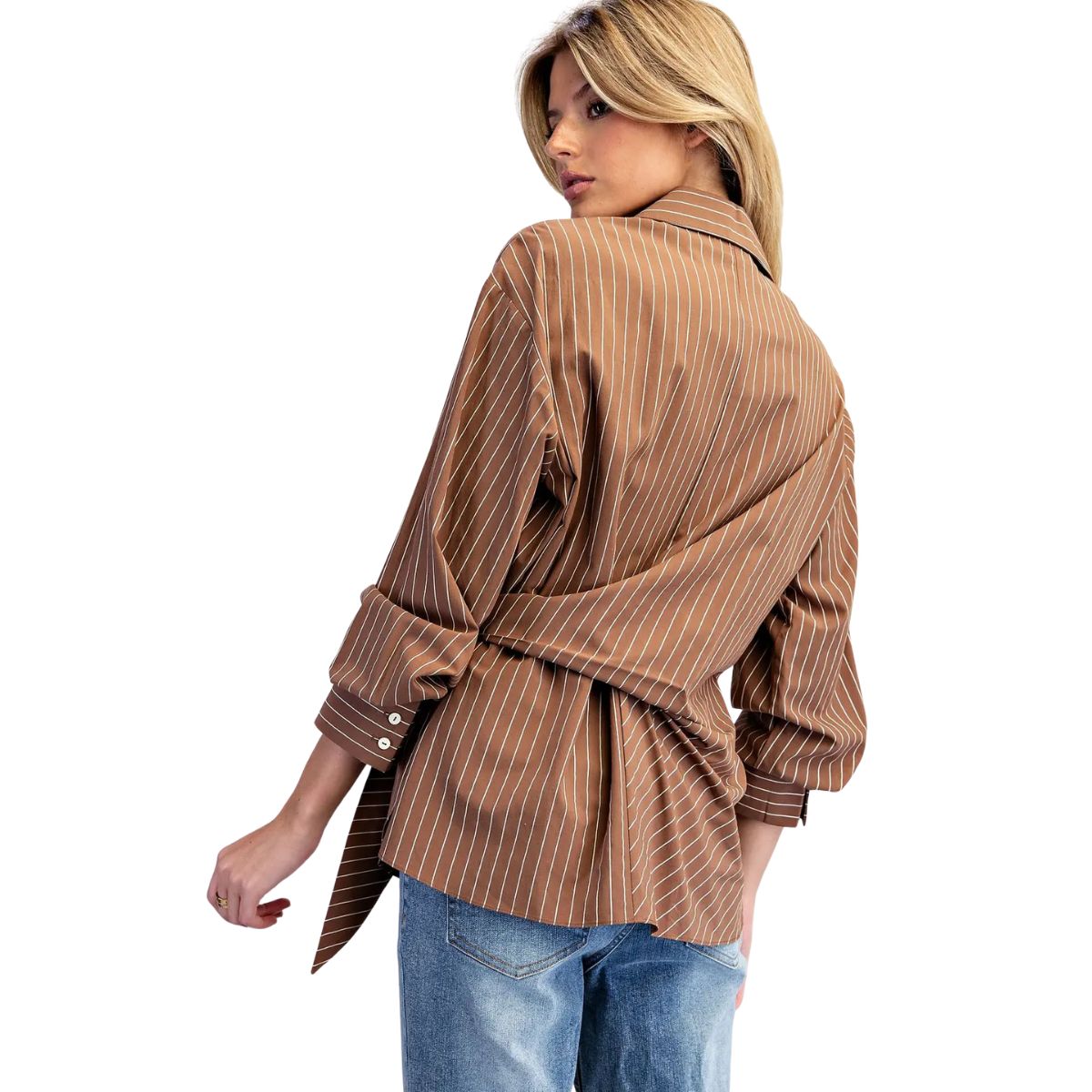 Eesom Tie Waist Pinstriped Blouse in brown with long sleeves and a wrap-around tie waist, worn with blue jeans.