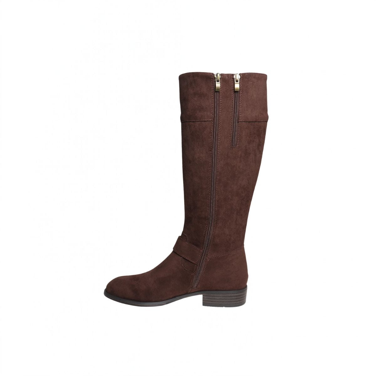 Pierre Dumas Nevada-3 Tall Boot in brown faux suede with a side zipper and a low heel.