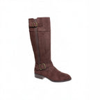 Pierre Dumas Nevada-3 Tall Boot in brown faux suede, featuring a side zipper and two buckled straps.