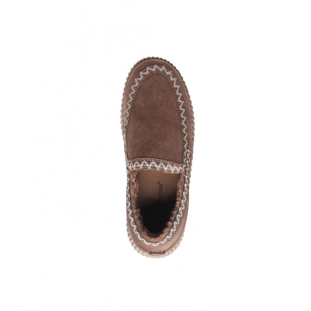 Top-down view of a brown faux fur lined Sandi-2 Faux Fur Lined Slip-On Loafer by Olem, featuring white decorative stitching along the moccasin-inspired seams.