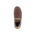 Top-down view of a brown faux fur lined Sandi-2 Faux Fur Lined Slip-On Loafer by Olem, featuring white decorative stitching along the moccasin-inspired seams.