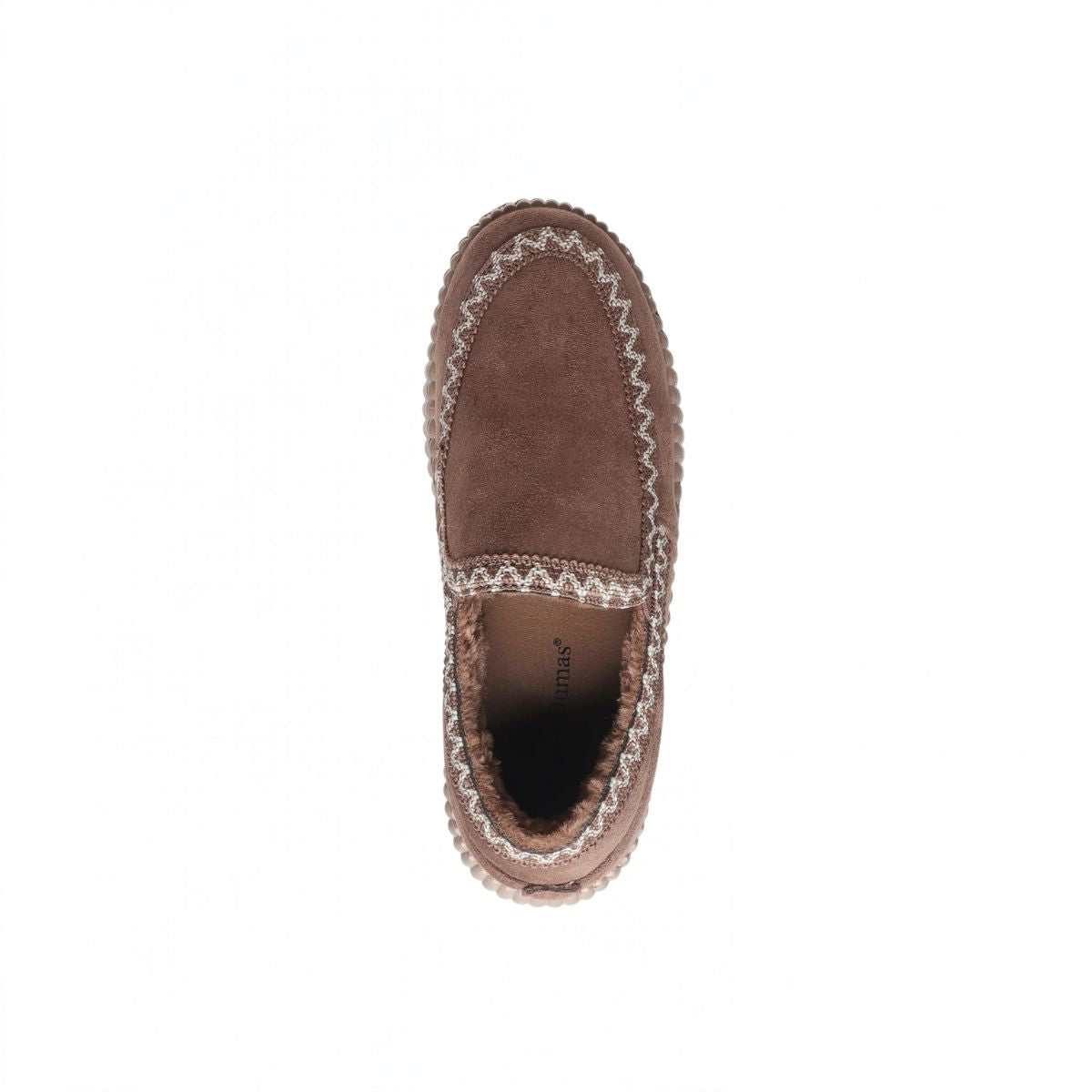 Top-down view of a brown faux fur lined Sandi-2 Faux Fur Lined Slip-On Loafer by Olem, featuring white decorative stitching along the moccasin-inspired seams.